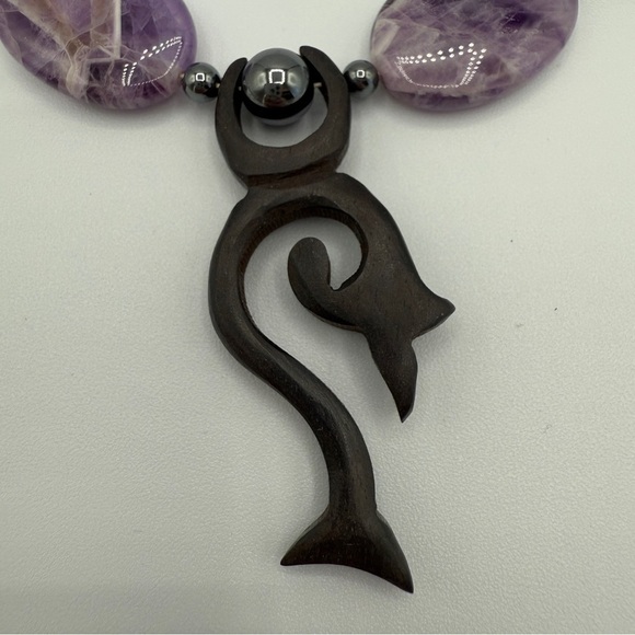 Unique Genuine Amethyst and Tourmaline Stone Beaded Tribal Pendant Necklace - Picture 7 of 11